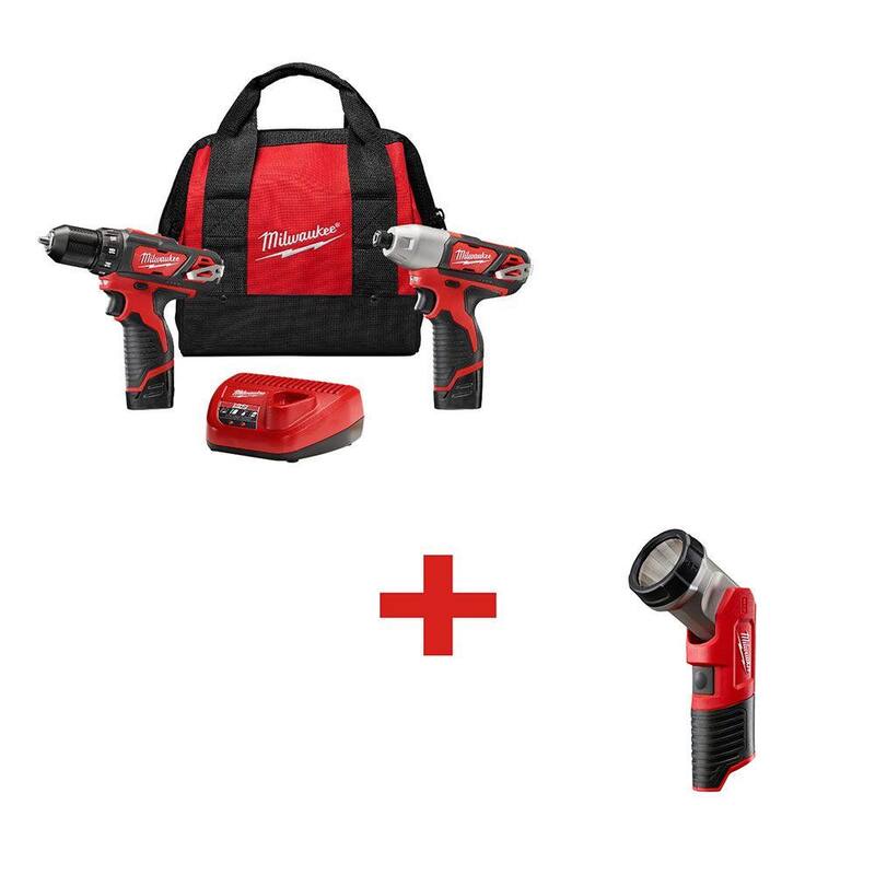 Milwaukee M12 12V Juego de Combo de Taladro Inalámbrico de Iones de Litio/Impacto (2 herramientas) con Faro de Trabajo LED M12 (solo herramienta) - 2494-22-49-24-0146