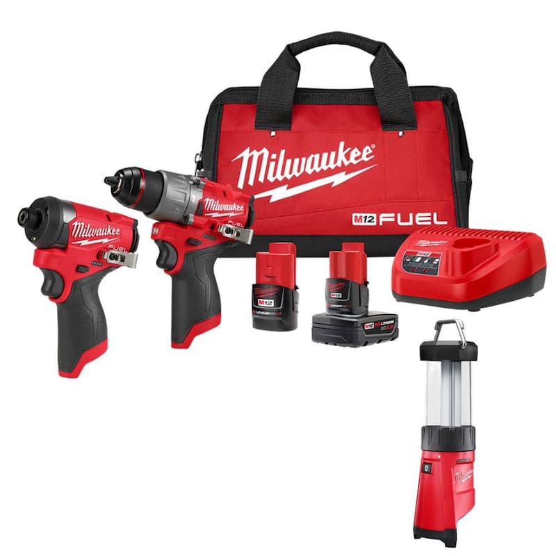 Milwaukee M12 FUEL Juego de combo de Taladro de Martillo Inalámbrico sin escobillas y Conductor de Impacto de 12 Voltios con Ion de Litio (2 herramientas) con Linterna M12 - 3497-22-2362-20