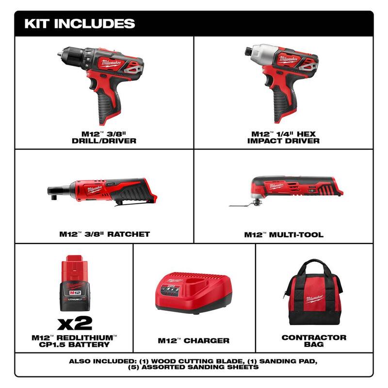 Juego combinado Milwaukee M12 12V Taladro/Atornillador de Impacto/Carraca inalámbrico de Iones de Litio (3 herramientas) con Multiherramienta Oscilante M12 - 2494-22-2457-20-2426-20