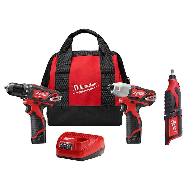 Milwaukee M12 12V Combo de taladro e impacto inalámbricos de iones de litio (2 herramientas) con herramienta rotativa M12 - 2494-22-2460-20