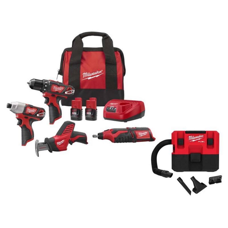 Milwaukee M12 12V Juego de herramientas inalámbricas con baterías de 1.5Ah y cargador, y aspiradora húmeda/seca de 1.6 galones M12 FUEL - 2497-24H-0960-20