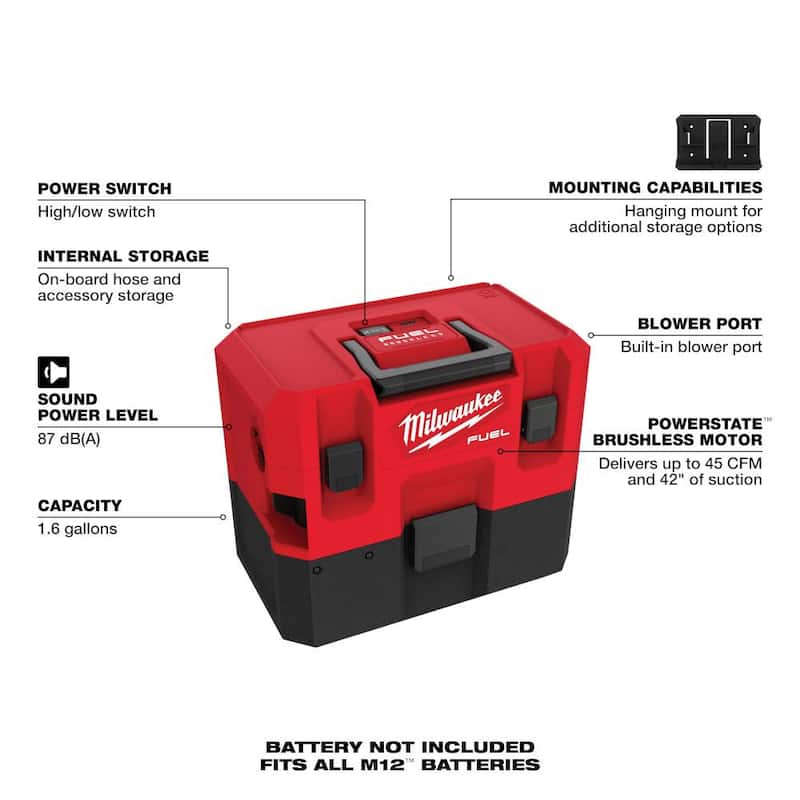 Milwaukee M12 12V Juego de herramientas inalámbricas con baterías de 1.5Ah y cargador, y aspiradora húmeda/seca de 1.6 galones M12 FUEL - 2497-24H-0960-20