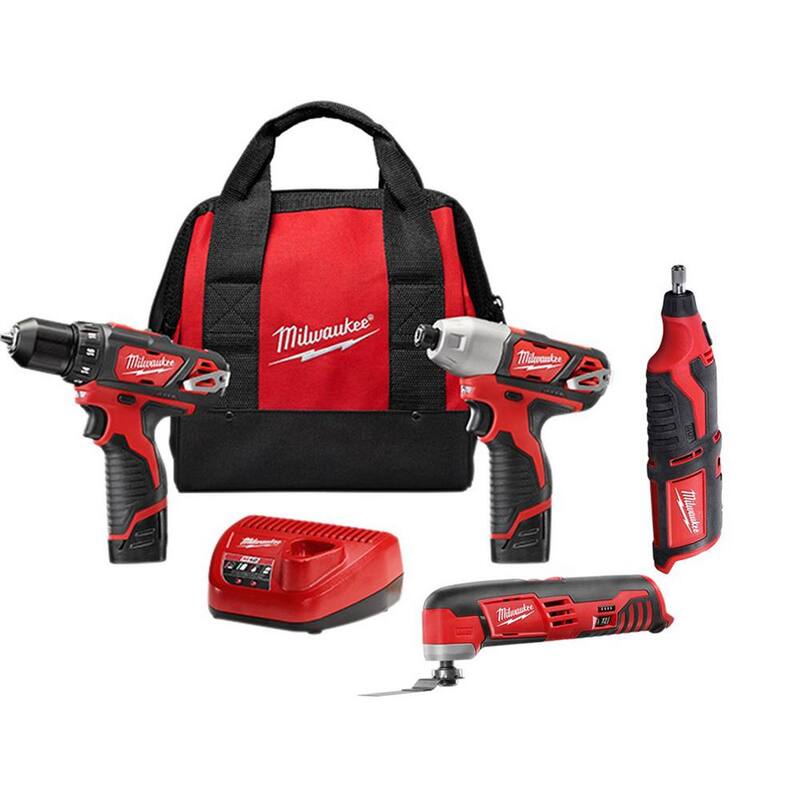 Milwaukee M12 12V Juego Combo de Taladro Inalámbrico/Impacto con Herramienta Rotativa y Multiherramienta Oscilante - 2494-22-2460-20-2426-20