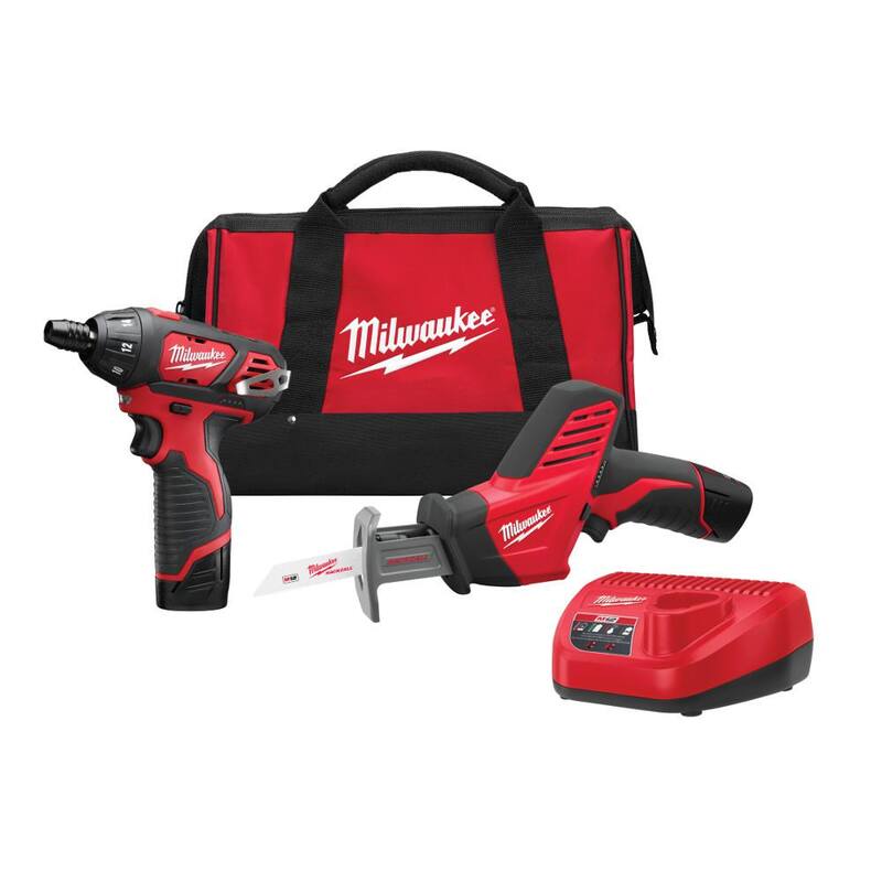 Milwaukee M12 12V Combo Kit de Taladro/ Sierra HACKZALL inalámbrico de iones de litio (2 herramientas) con dos baterías de 1.5 Ah, cargador y bolsa de herramientas - 2490-22