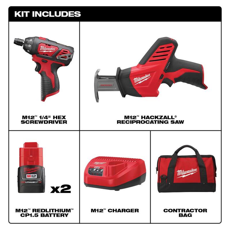 Milwaukee M12 12V Combo Kit de Taladro/ Sierra HACKZALL inalámbrico de iones de litio (2 herramientas) con dos baterías de 1.5 Ah, cargador y bolsa de herramientas - 2490-22