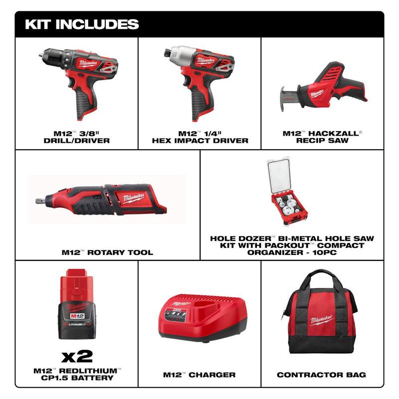 Milwaukee M12 12V Li-Ion Cordless 4-Tool Combo Kit con (2) Baterías Compactas de 1.5Ah y Cargador con Juego de Sierras de Corona PACKOUT (10 piezas) - 2497-24H-49-22-5606