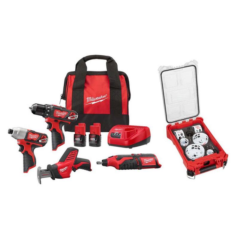 Milwaukee M12 12V Li-Ion Cordless 4-Tool Combo Kit con (2) Baterías Compactas de 1.5Ah y Cargador con Juego de Sierras de Corona PACKOUT (10 piezas) - 2497-24H-49-22-5606