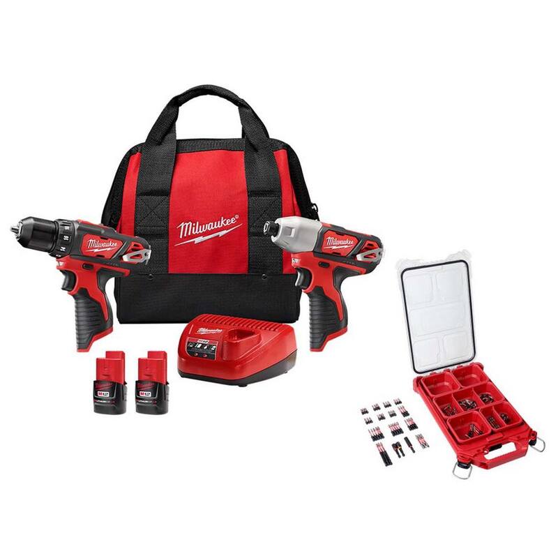 Kit de combo inalámbrico Milwaukee M12 12V Li-Ion con destornillador taladro / destornillador de impacto, dos baterías de 1.5Ah, cargador y bolsa (2 herramientas) y juego de puntas - 2494-22-48-32-4082.