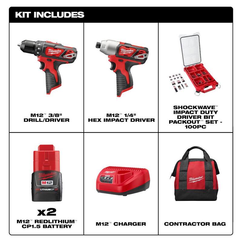 Kit de combo inalámbrico Milwaukee M12 12V Li-Ion con destornillador taladro / destornillador de impacto, dos baterías de 1.5Ah, cargador y bolsa (2 herramientas) y juego de puntas - 2494-22-48-32-4082.