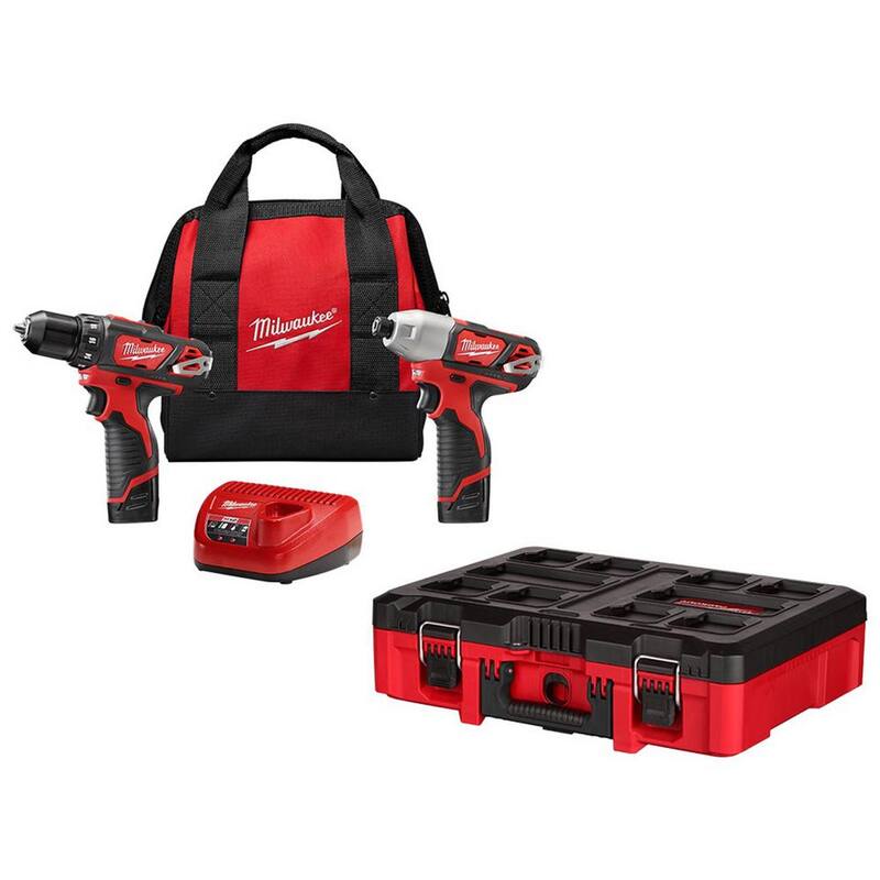 Juego de combo de taladro/destornillador inalámbrico de 12V de iones de litio Milwaukee M12 (2 herramientas) con caja de herramientas personalizable PACKOUT - 2494-22-48-22-8450