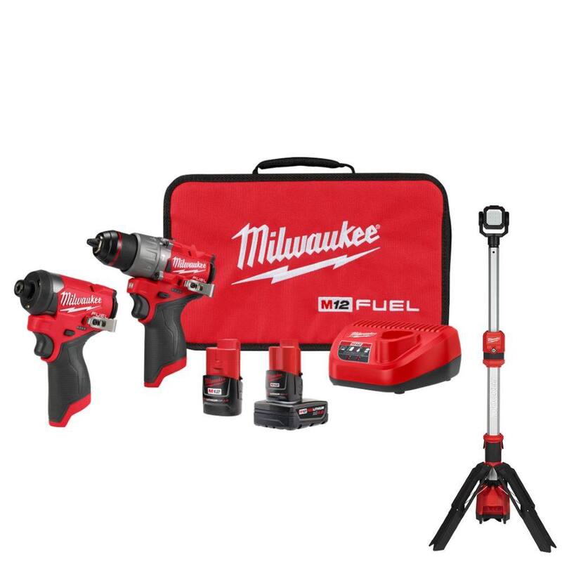 Milwaukee M12 FUEL Juego de Combinación de Taladro de Martillo Inalámbrico sin escobillas de 12 Voltios de Iones de Litio, Destornillador de Impacto, Luz de Soporte con 2 baterías y bolsa - 3497-22-2132-20