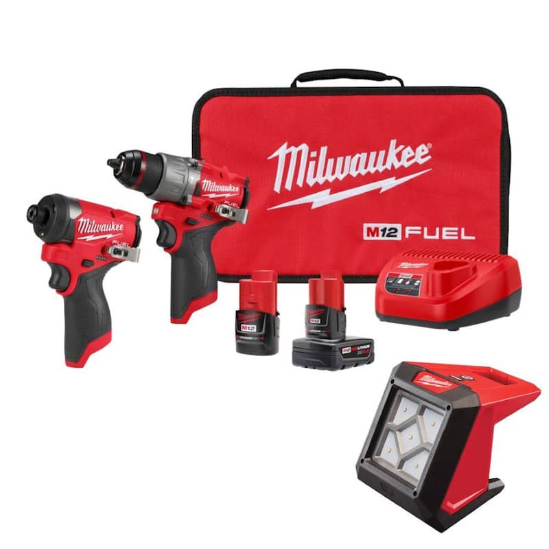 Milwaukee M12 FUEL Combo Kit de Taladro Percutor e Impacto Inalámbricos sin Escobillas de Iones de Litio de 12 Voltios (2 Herramientas) con Luz de Inundación LED - 3497-22-2364-20