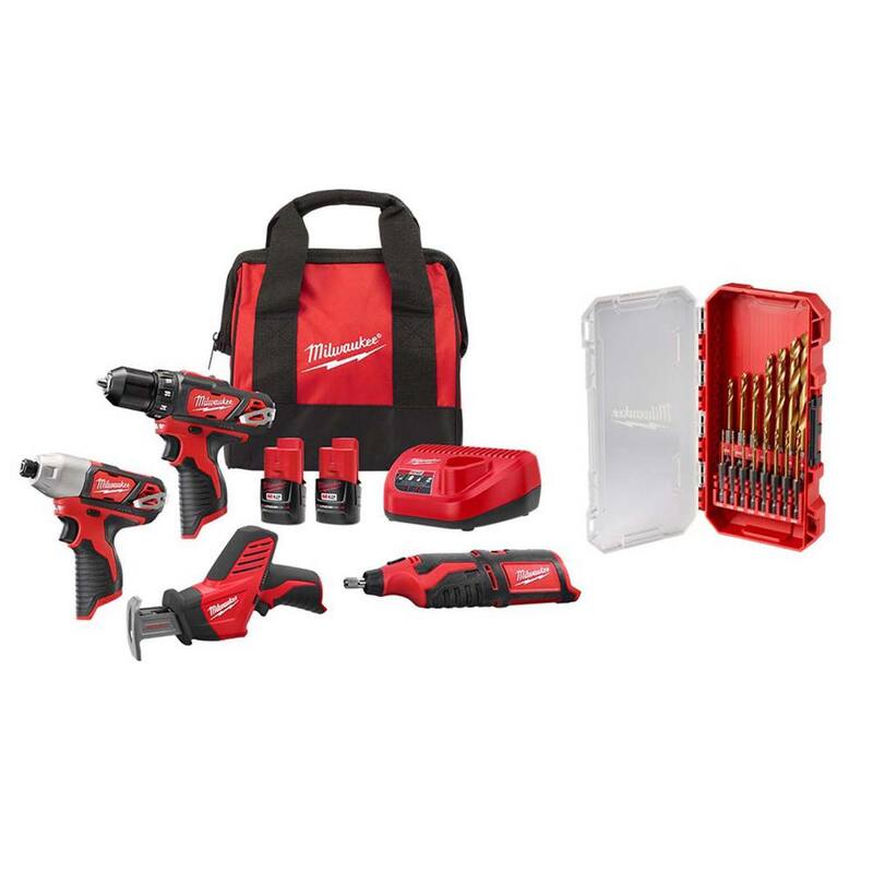 Juego de herramientas combo inalámbrico Milwaukee M12 12V de 4 piezas con baterías compactas de 1.5Ah y cargador, junto con un juego de brocas de titanio - 2497-24H-48-89-4670