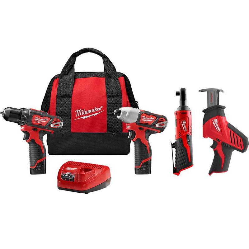 Kit combo Milwaukee M12 12V de taladro/destornillador de impacto/llave de trinquete inalámbrico de iones de litio (3 herramientas) con sierra recíproca M12 HACKZALL - 2494-22-2457-20-2420-20