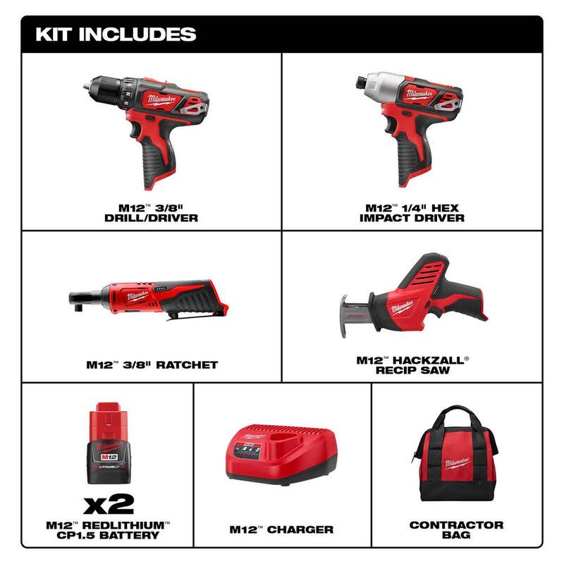 Kit combo Milwaukee M12 12V de taladro/destornillador de impacto/llave de trinquete inalámbrico de iones de litio (3 herramientas) con sierra recíproca M12 HACKZALL - 2494-22-2457-20-2420-20