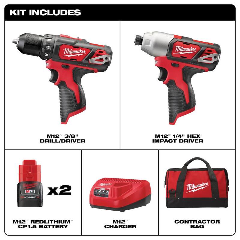 Milwaukee M12 12V Juego de Combinación de Taladro Inalámbrico/Atornillador de Impacto con Batería de Litio-Ion (2 Herramientas) con (1) Batería de Capacidad Extendida M12 4.0Ah - 2494-22-48-11-2440