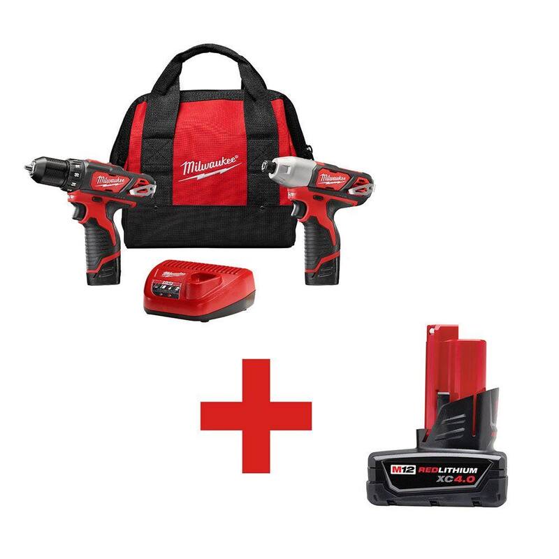 Milwaukee M12 12V Juego de Combinación de Taladro Inalámbrico/Atornillador de Impacto con Batería de Litio-Ion (2 Herramientas) con (1) Batería de Capacidad Extendida M12 4.0Ah - 2494-22-48-11-2440