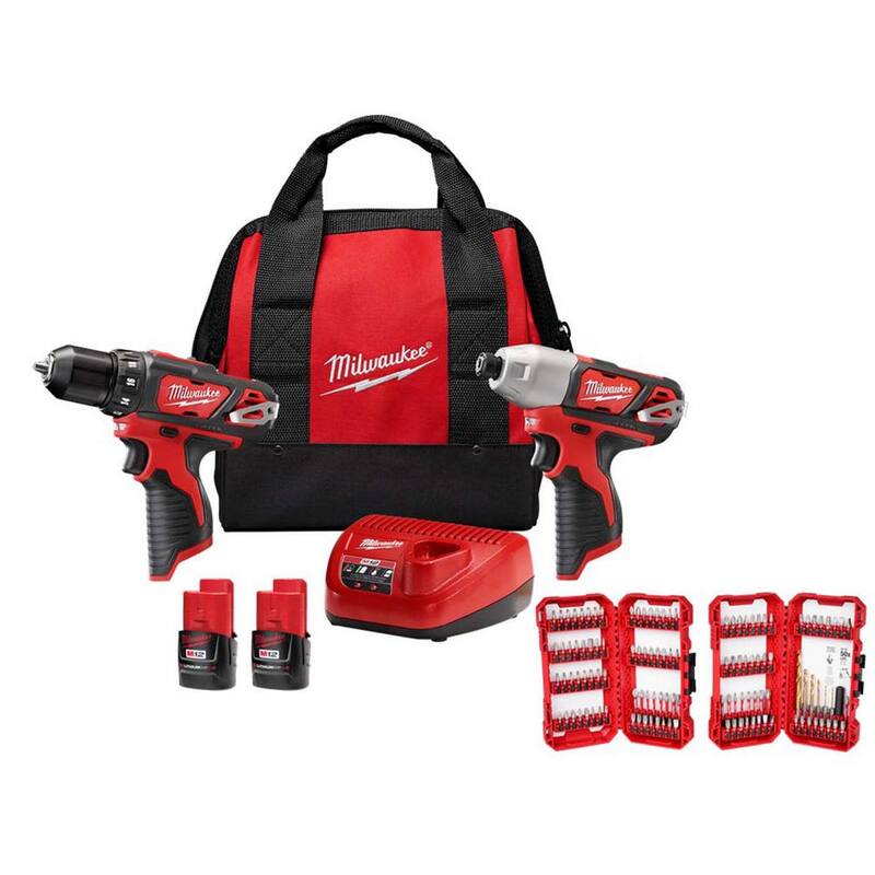 Milwaukee M12 Juego de Combo Inalámbrico de 2 Herramientas de 12 Voltios con Batería de Iones de Litio y Set de Puntas de Destornillador de Acero Aleado SHOCKWAVE Impact (120 piezas) - 2494-22-48-32-5155
