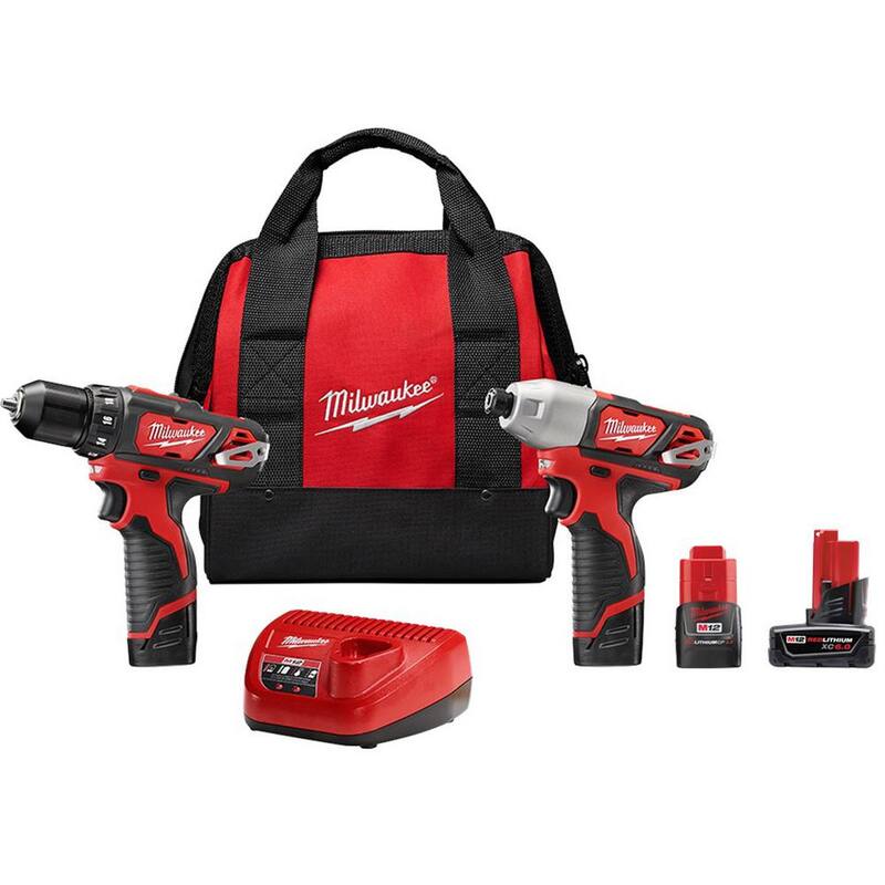 Milwaukee M12 12-Volt Lithium-Ion Combo de Taladro Inalámbrico/Atornillador de Impacto con un juego de baterías de 6.0 Ah y 3.0 Ah - 2494-22-48-11-2460-48-11-2430