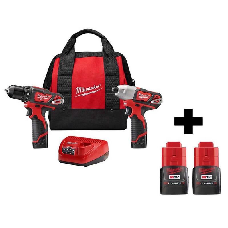 Juego combo de taladro/destornillador de impacto inalámbrico Milwaukee M12 de 12V con baterías M12 de 1.5Ah - 2494-22-48-11-2411