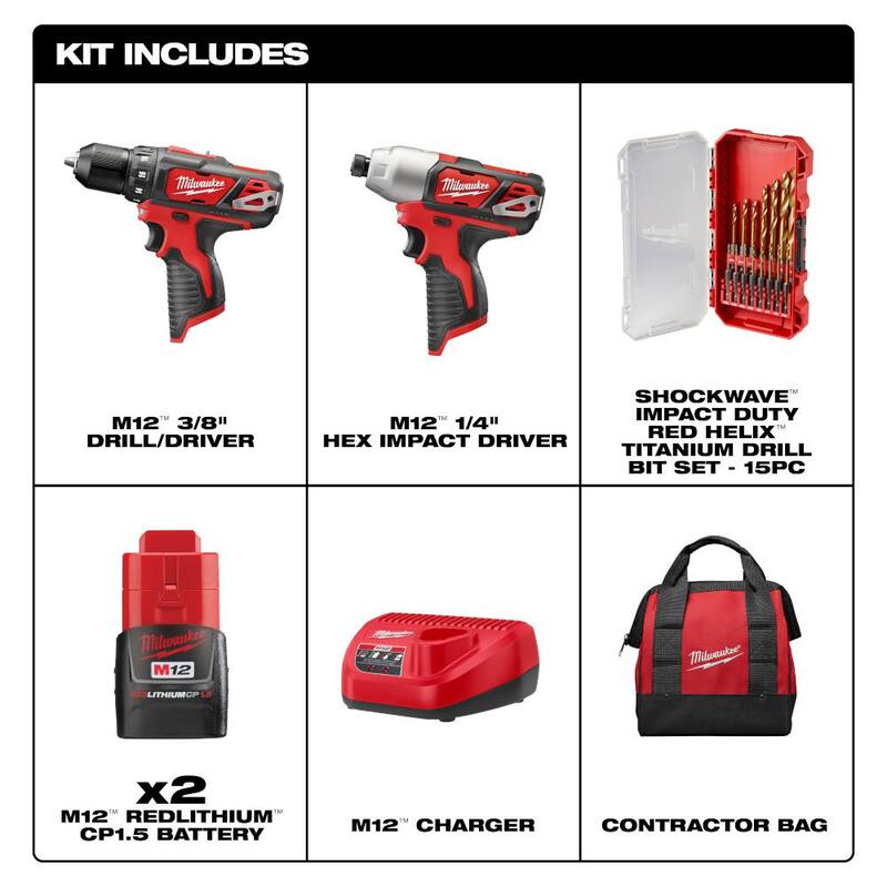 Milwaukee M12 12V Taladro/Atornillador de Impacto Inalámbrico Combo Kit con Dos Baterías de 1.5Ah, Cargador y Bolsa (2 Herramientas) y Juego de Puntas - 2494-22-48-89-4670