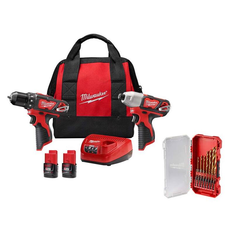 Milwaukee M12 12V Taladro/Atornillador de Impacto Inalámbrico Combo Kit con Dos Baterías de 1.5Ah, Cargador y Bolsa (2 Herramientas) y Juego de Puntas - 2494-22-48-89-4670