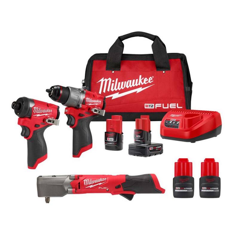 Kit combinado inalámbrico de 2 herramientas Milwaukee M12 FUEL de 12 voltios con llave de impacto angular derecha de 3/8 pulgadas M12 FUEL y (2) baterías HO 2.5 Ah - 3497-22-2564-20-48-11-2425-48-11-2425