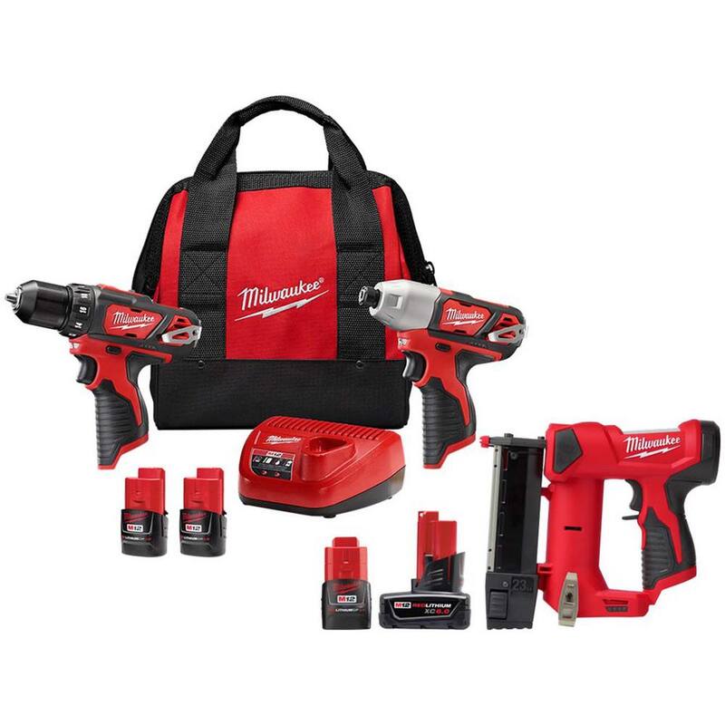 Juego de combo Milwaukee M12 12V Taladro Inalámbrico de Iones de Litio/Impact Driver con Pin Nailer y Baterías de 6.0 Ah/3.0 Ah - 2494-22-2540-20-48-11-2460-48-11-2430