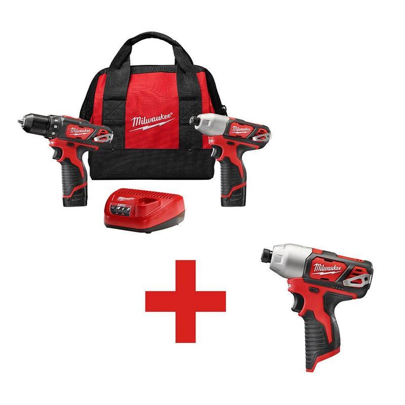 Juego combinado de taladro/destornillador inalámbrico con batería de litio de 12V Milwaukee M12 (2 herramientas) con destornillador de impacto HEX de 1/4 de pulgada M12 - 2494-22-2462-20