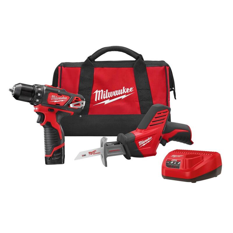Juego de Combo Milwaukee M12 12V Taladro/Atornillador Inalámbrico de Iones de Litio y HACKZALL (2 herramientas) con Dos Baterías de 1.5 Ah, Cargador y Bolsa - 2493-22