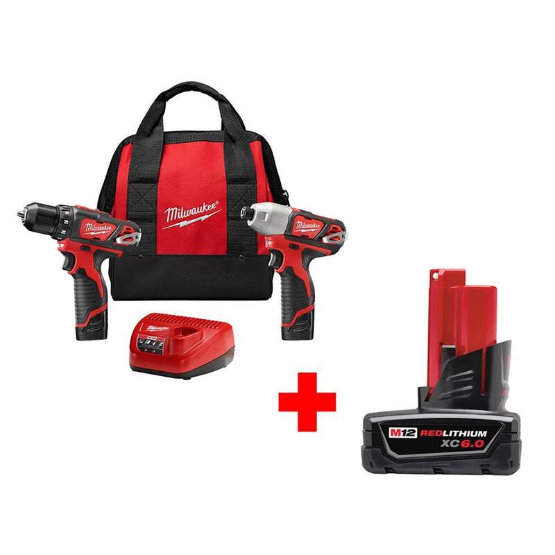 Kit combo de taladro/destornillador de impacto inalámbrico Milwaukee M12 12V de iones de litio (2 herramientas) con (1) batería de 6.0AH - 2494-22-48-11-2460
