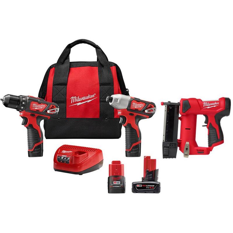 Milwaukee M12 12V Taladro inalámbrico/Impacto Combo Kit con clavadora de pasador y baterías de 6.0 Ah/3.0 Ah - 2494-22-2540-20-48-11-2460-18-11-2430