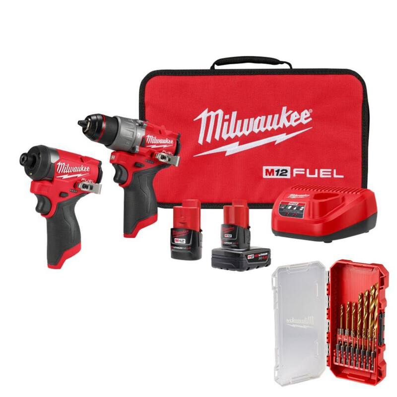 Milwaukee M12 FUEL 12-Volt Cordless Hammer Drill/Impact Driver Combo Kit (2-Tool) con juego de brocas de titanio de deber de impacto (15 piezas) - 3497-22-48-89-4670