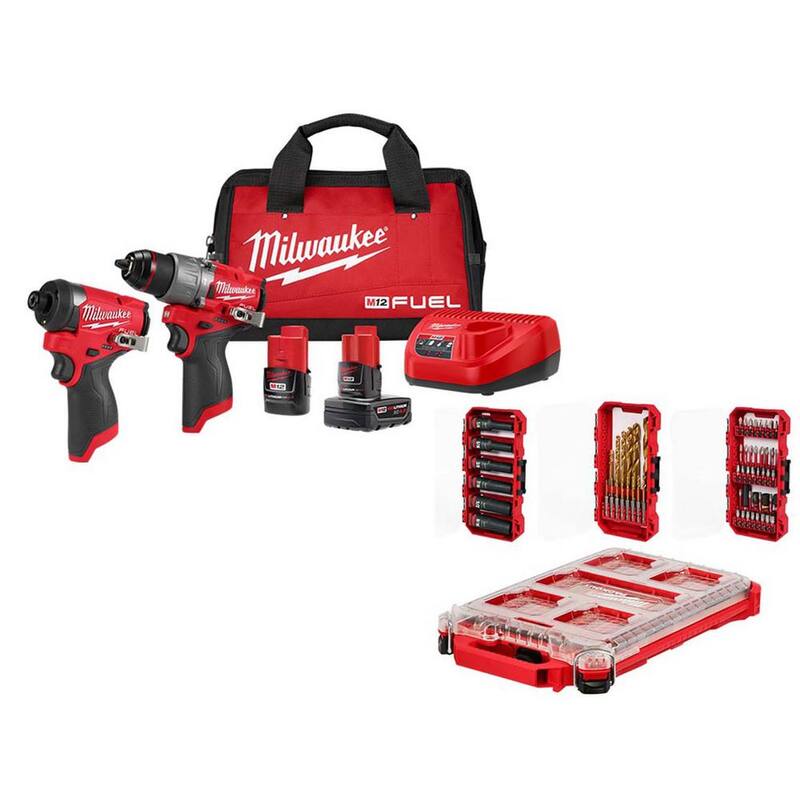 Milwaukee M12 FUEL 12-Volt Li-Ion Brushless Cordless Hammer Drill & Impact Driver Combo Kit con 2 baterías, bolsa y juego de brocas (60 piezas) - 3497-22-48-32-5162