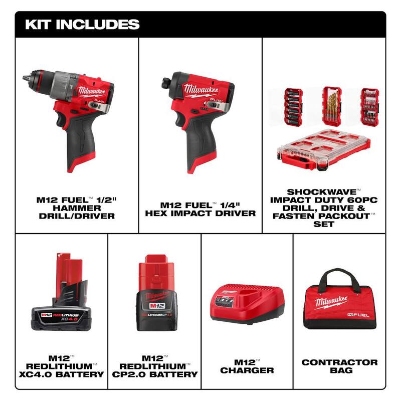Milwaukee M12 FUEL 12-Volt Li-Ion Brushless Cordless Hammer Drill & Impact Driver Combo Kit con 2 baterías, bolsa y juego de brocas (60 piezas) - 3497-22-48-32-5162