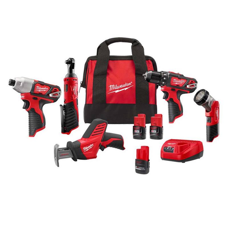 Juego inalámbrico combo Milwaukee M12 12V Li-Ion (5 herramientas) con (2) baterías de 1.5Ah, 1 batería de alto rendimiento de 2.5 Ah, cargador y bolsa - 2498-25-48-11-2425