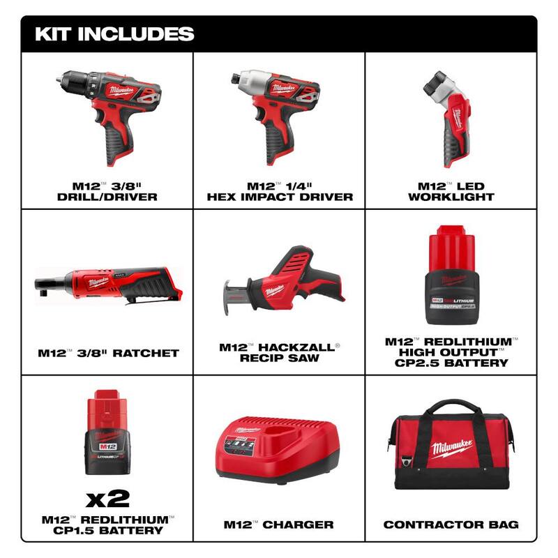 Juego inalámbrico combo Milwaukee M12 12V Li-Ion (5 herramientas) con (2) baterías de 1.5Ah, 1 batería de alto rendimiento de 2.5 Ah, cargador y bolsa - 2498-25-48-11-2425