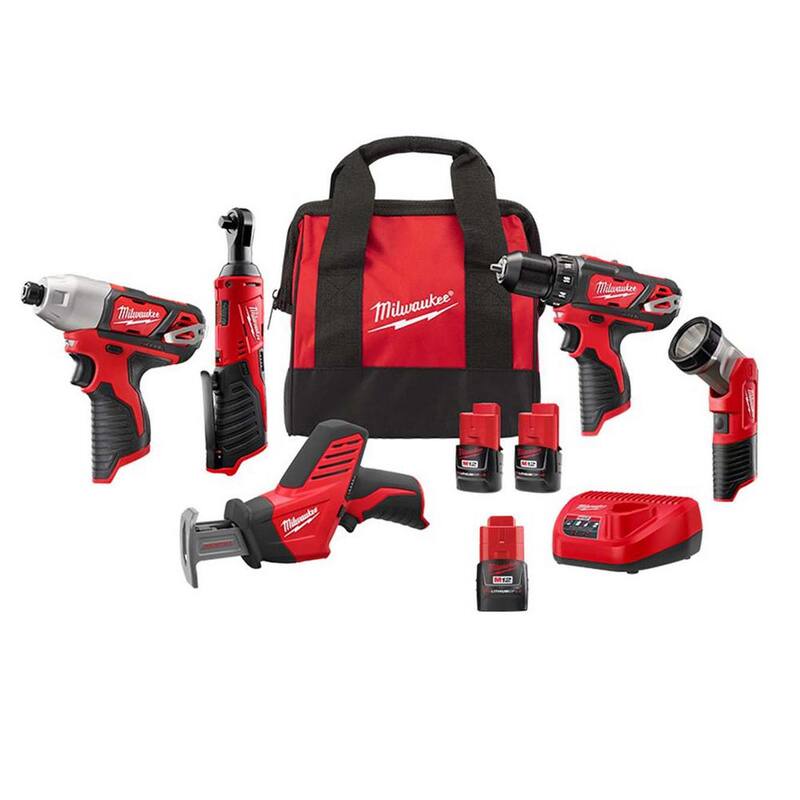 Kit combinado inalámbrico de iones de litio Milwaukee M12 12V (5 herramientas) con dos baterías de 1.5 Ah, una batería CP de 2.0 Ah, cargador y bolsa de herramientas - 2498-25-48-11-2420