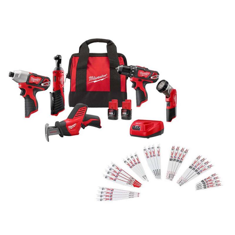 Juego combinado inalámbrico de 5 herramientas Milwaukee M12 12V Li-Ion con dos baterías de 1.5Ah, cargador, bolsa y juego de hojas para sierra reciproca (32 piezas) - 2498-25-49-22-1132