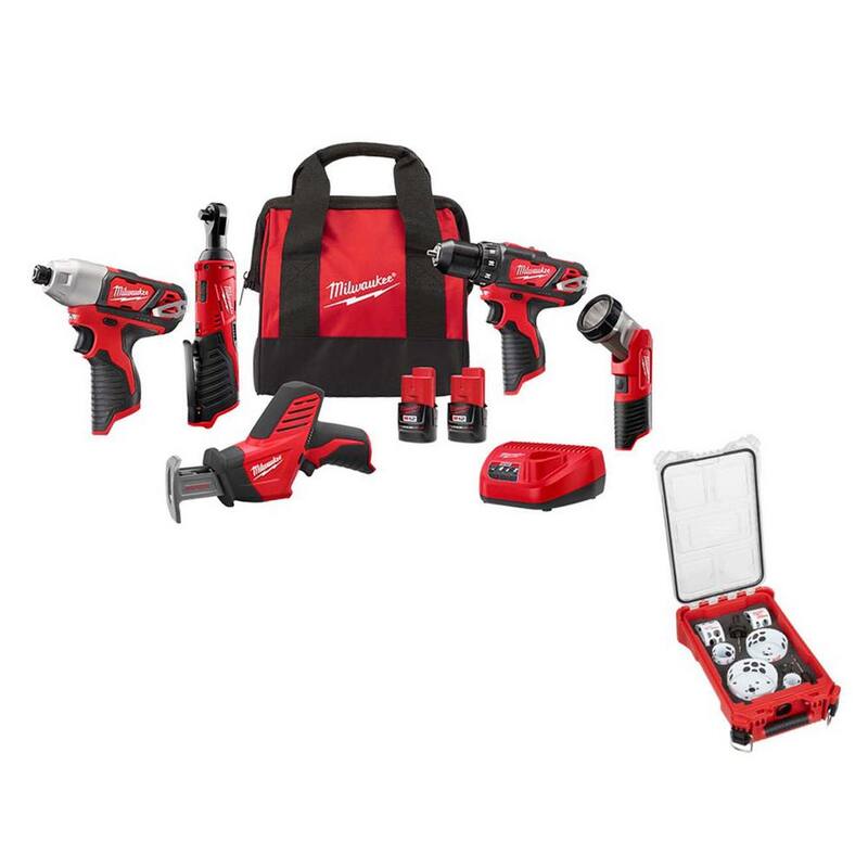 Kit combinado inalámbrico de 5 herramientas Milwaukee M12 12V de iones de litio con dos baterías de 1.5Ah, cargador, bolsa con conjunto de sierra de perforación PACKOUT (10 piezas) - 2498-25-49-22-5606.
