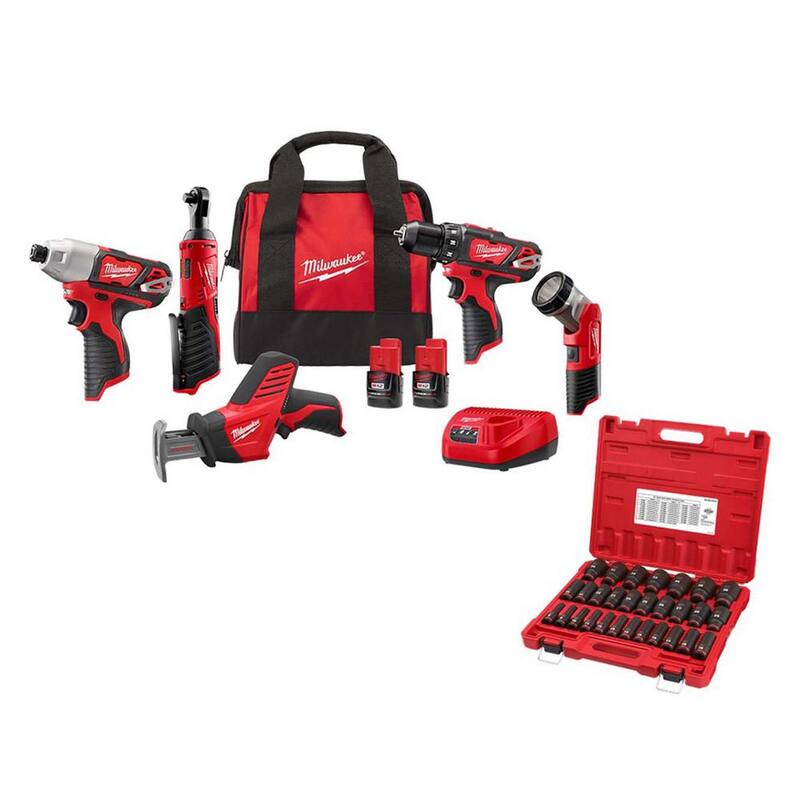 Kit inalámbrico Milwaukee M12 12V Li-Ion (5 herramientas) con dos baterías de 1.5Ah, cargador, bolsa y juego de puntas métricas de 1/2 pulgadas (29 piezas) - 2498-25-49-66-7015