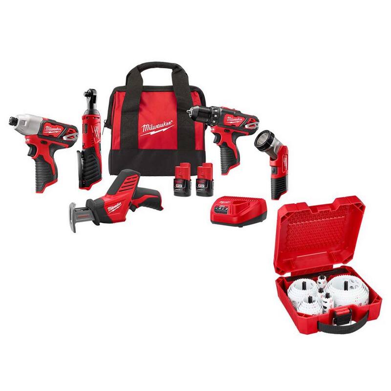 Milwaukee M12 12V Juego de herramientas inalámbrico de iones de litio (5 herramientas) con Dos baterías de 1.5Ah, cargador, bolsa de herramientas con juego de sierra de perforación (28 piezas) - 2498-25-49-22-4185