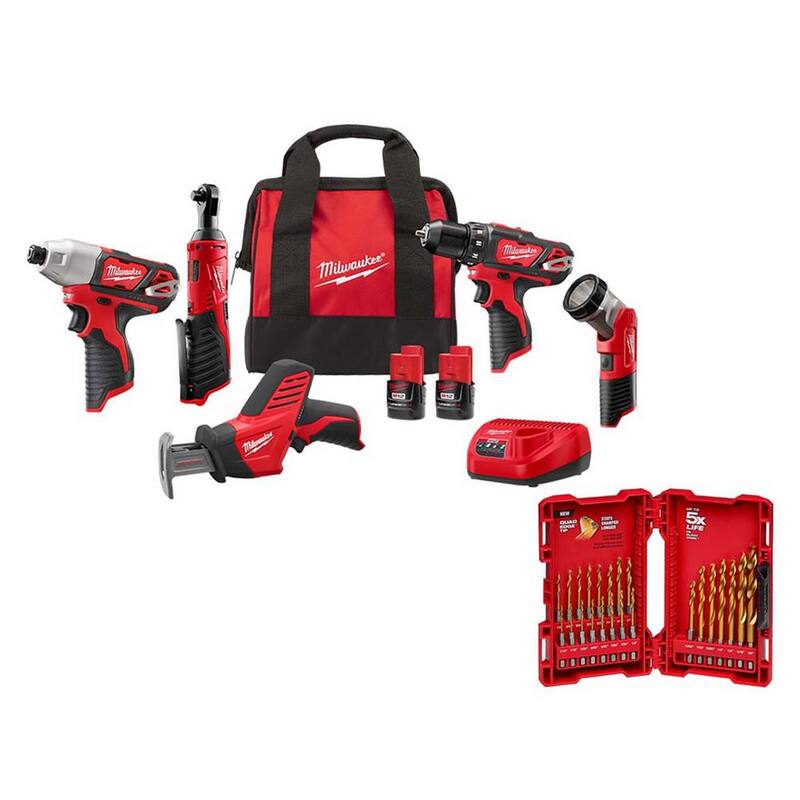 Conjunto inalámbrico de 5 herramientas Milwaukee M12 12V Li-Ion con dos baterías de 1.5Ah, cargador y bolsa para herramientas con juego de brocas helicoidales (23 piezas) - 2498-25-48-89-4631