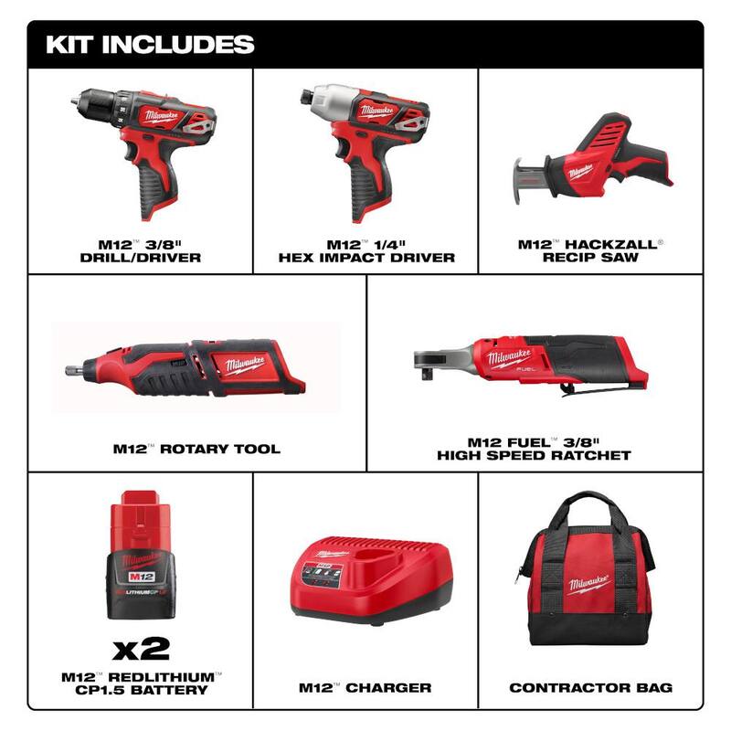 Kit combinado inalámbrico Milwaukee M12 12V Li-Ion de 4 herramientas con (2) baterías compactas de 1.5Ah, cargador y trinquete de alta velocidad M12 FUEL de 3/8 pulgadas - 2497-24H-2567-20