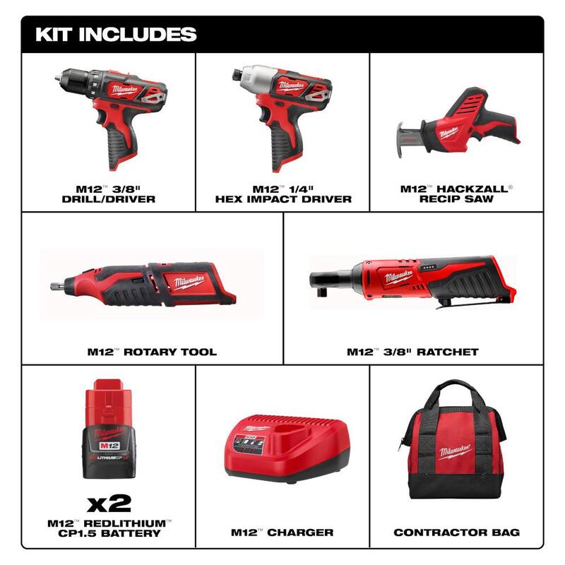 Kit combinado inalámbrico de 4 herramientas Milwaukee M12 12V de iones de litio con (2) baterías compactas de 1.5Ah, cargador y M12 3/8 in. Trinquete - 2497-24H-2457-20