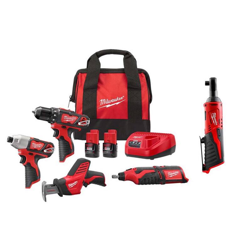 Kit combinado inalámbrico de 4 herramientas Milwaukee M12 12V de iones de litio con (2) baterías compactas de 1.5Ah, cargador y M12 3/8 in. Trinquete - 2497-24H-2457-20