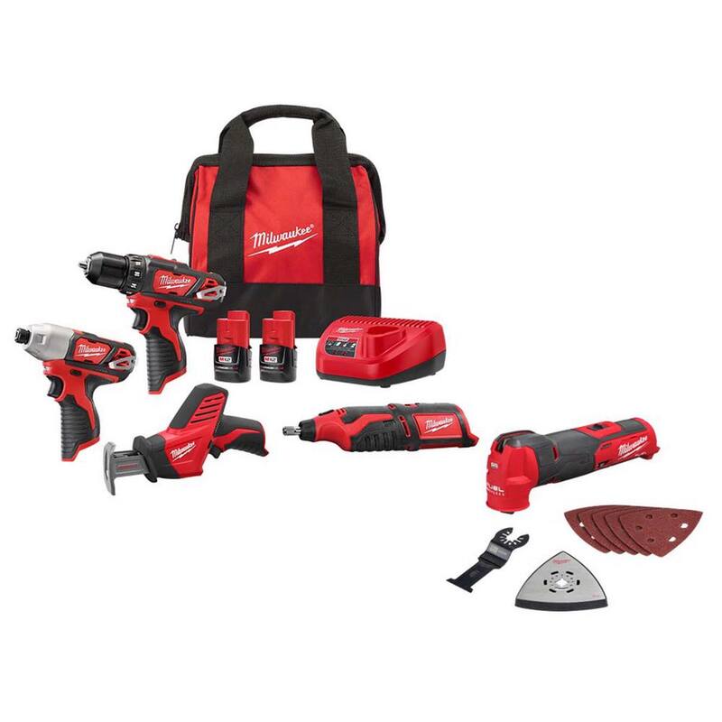 Milwaukee M12 12V Combo de Herramientas Inalámbricas de Iones de Litio con 4 herramientas, baterías compactas de 1.5Ah y cargador con herramienta multiusos oscilante - 2497-24H-2526-20