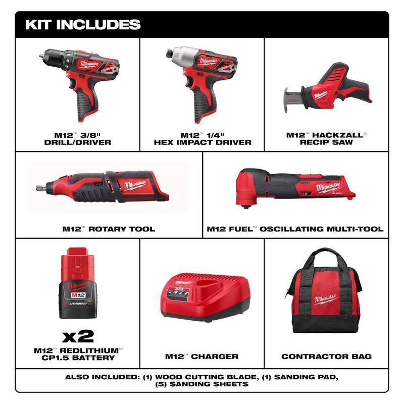 Milwaukee M12 12V Combo de Herramientas Inalámbricas de Iones de Litio con 4 herramientas, baterías compactas de 1.5Ah y cargador con herramienta multiusos oscilante - 2497-24H-2526-20
