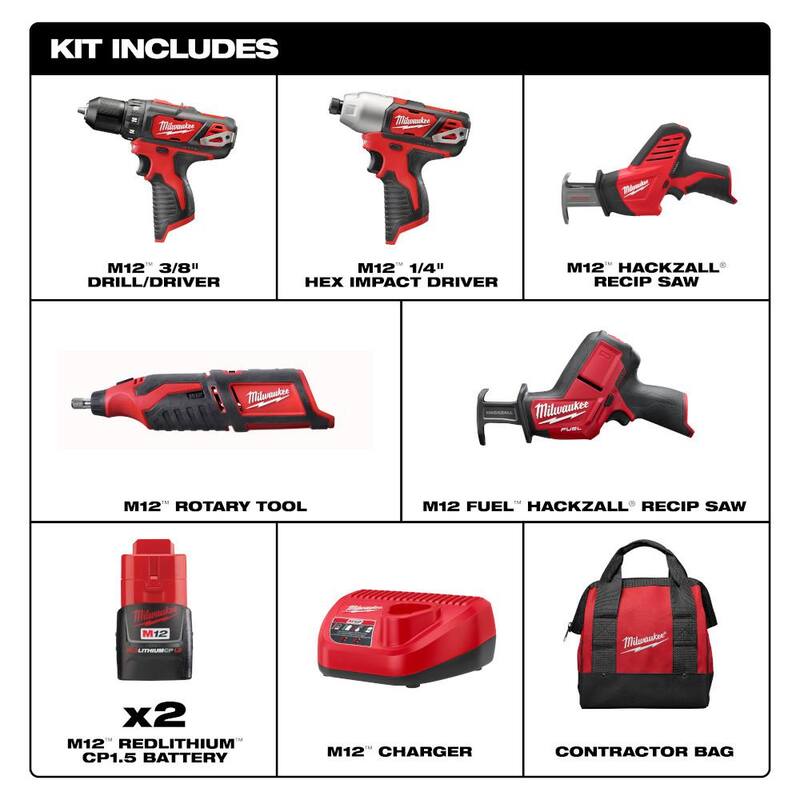 Milwaukee M12 12V Li-Ion Inalámbrico Combo de 4 herramientas con (2) baterías compactas de 1.5Ah y cargador y sierra recíproca HACKZALL - 2497-24H-2520-20.