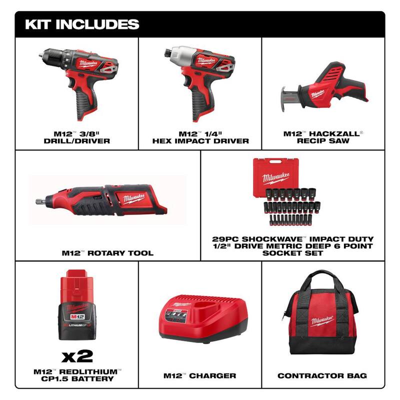 Milwaukee M12 12V Li-Ion Inalámbrico Combo Kit de 4 Herramientas w (2) Baterías Compactas de 1.5Ah y Cargador w Juego de Vasos Métricos de 1/2 pulgadas (29 piezas) - 2497-24H-49-66-7015